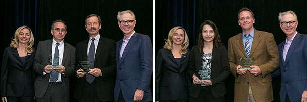 Drs. Draetta and Cantley (left) and Drs. Le and Crocenzi accept their plaques for their 2014 Research Acceleration Network (RAN) Grants. Please click here to read about this year’s generous RAN Grant funders. Photo ©2014 AACR/Todd Buchanan