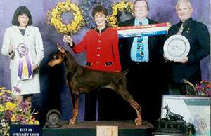 Jeanenne Thompson with Lexi, winner of the Doberman National Dog Show 2004. Thompson passed away of pancreatic cancer in 2005; her daughter has hosted Walk with the Dogs 5K in her memory for the past 10 years.