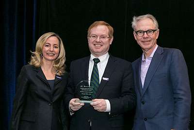 Dr. George Miller receives his Career Development Award alongside Pancreatic Cancer Action Network President and CEO Julie Fleshman and AACR 2014 President Dr. Charles Sawyers. ©2014/AACR/Todd Buchanan