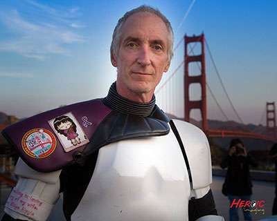 “Star Wars” enthusiast Kevin Doyle walked 501 miles to the Comic-Con International convention in 2015, dressed as a Stormtrooper to honor his late wife, Eileen, who passed away from pancreatic cancer. Here he is by the Golden Gate Bridge at the end of his walk. He made the northbound crossing accompanied by nearly 100 of his fellow 501st Legion members.