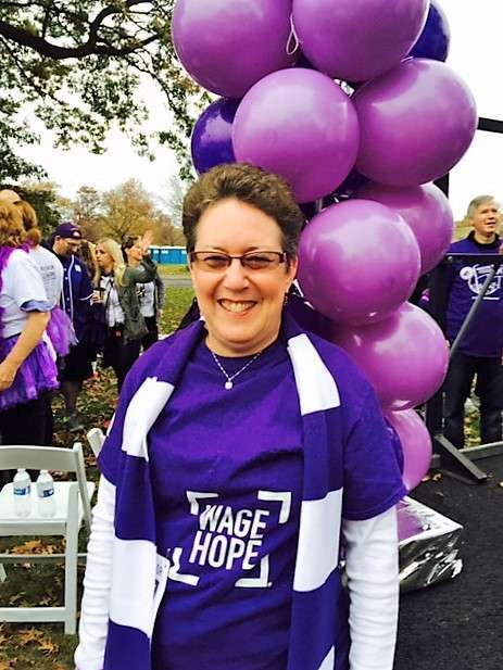 Randi Jacobs, a seven-year pancreatic cancer survivor, at PurpleStride Philadelphia, 2015.