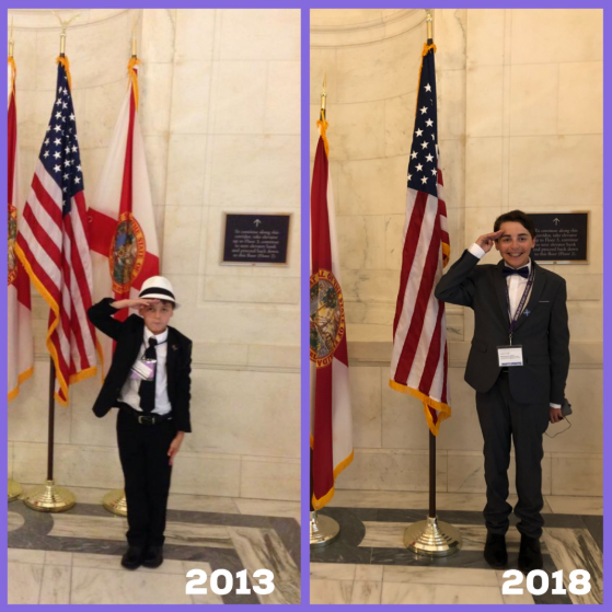 A young pancreatic cancer advocate pictured in 2013 and 2018. 