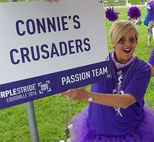Susan Jonas, founder of Connie’s Crusaders PurpleStride team, raising funds at the Louisville walk
