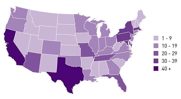 U.S. map showing number of pancreatic cancer clinical trial sites by state.