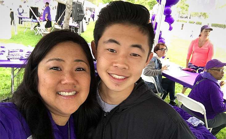 Teenager and his mother take a selfie at PurpleStride LA walk to end pancreatic cancer