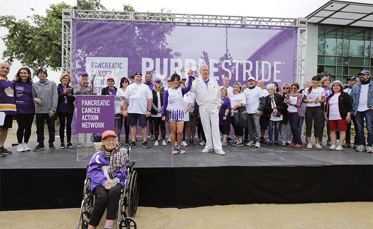 Alex Trebek of “Jeopardy” on stage at PurpleStride Los Angeles