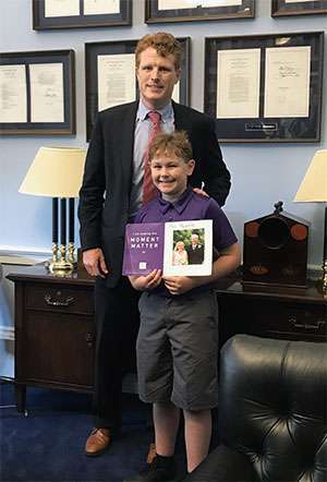 U.S. Congressman Joe Kennedy with a young advocate on Pancreatic Cancer Advocacy Day 2019
