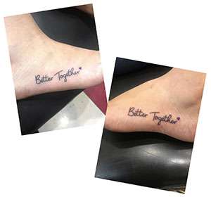 Tattoos say “better together” on the feet of two sisters and pancreatic cancer advocates