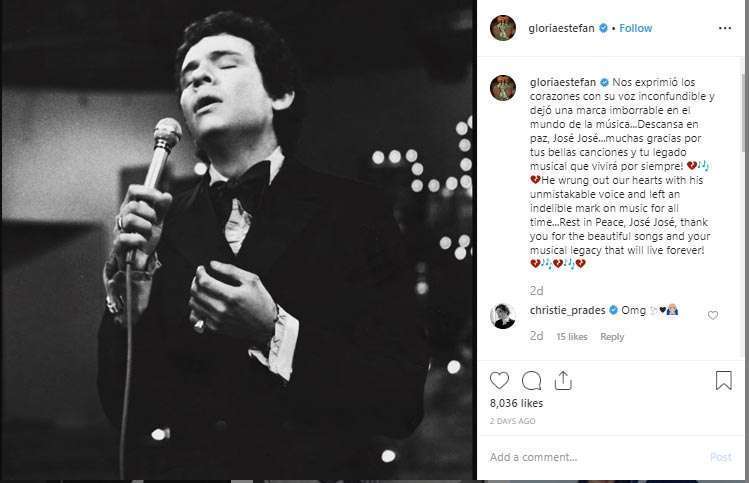 Gloria Estefan posted a photo of José José and a tribute to him on her Instagram