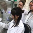 Pancreatic cancer researcher demonstrates lab technique for two trainees