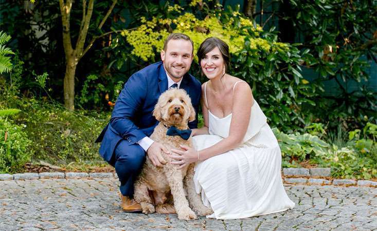 Couple on wedding day when they hosted guests at PurpleStride walk to end pancreatic cancer