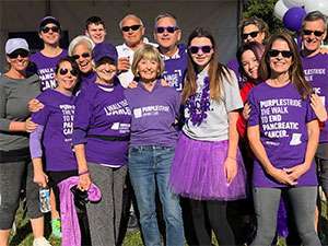 13-year pancreatic cancer survivor, family and friends at 2019 PurpleStride 5K walk in Silicon Valley