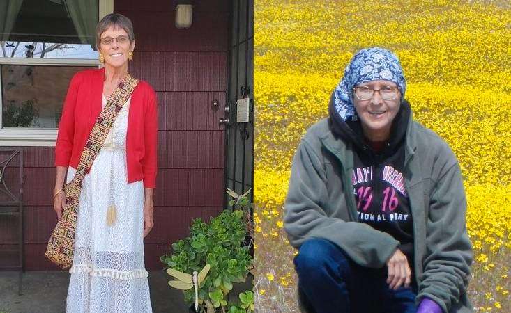 A pancreatic cancer survivor on her front porch and another among Mojave Desert wildflowers