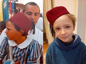Pancreatic cancer researcher and her son wear a traditional Tunisian hat 30 years apart