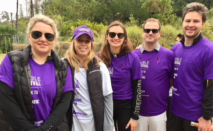Pancreatic cancer survivor Liz Waldeck-Pinckert, second from left, at PanCAN PurpleStride 2019.