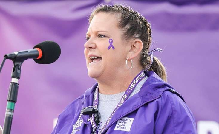 PanCAN volunteer Kara Saldeen at PanCAN PurpleStride walk 2019