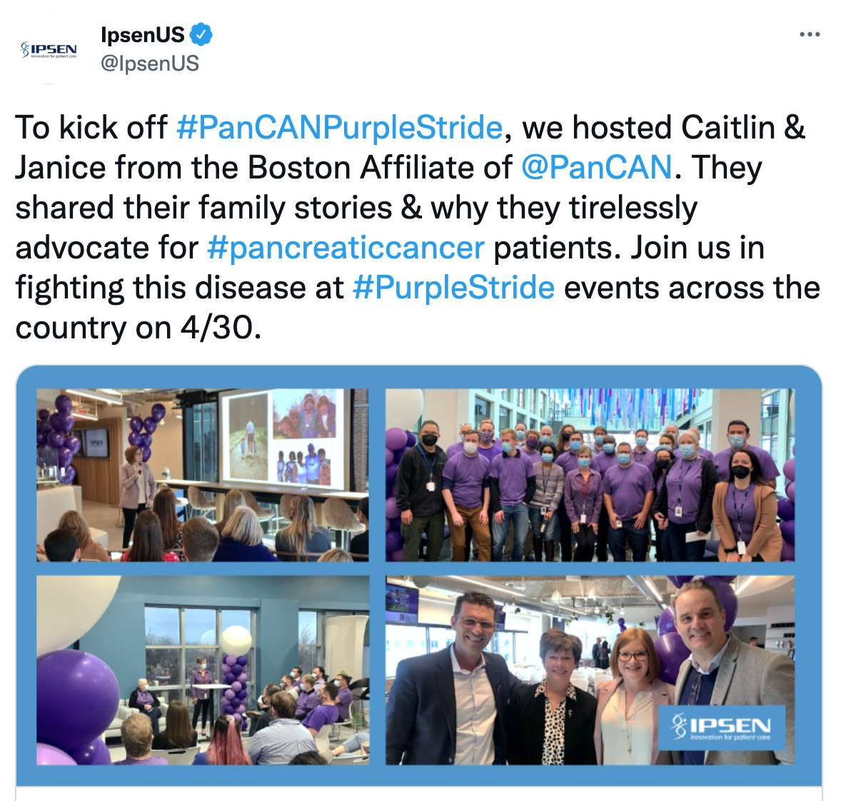 Image of Ipsen Tweet highlighting PanCAN PurpleStride Kickoff at their office