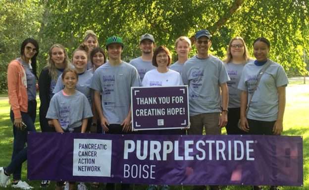 Diane Schooley-Pettis at PanCAN PurpleStride Boise in 2019 with students from Boise State University, where she is a professor