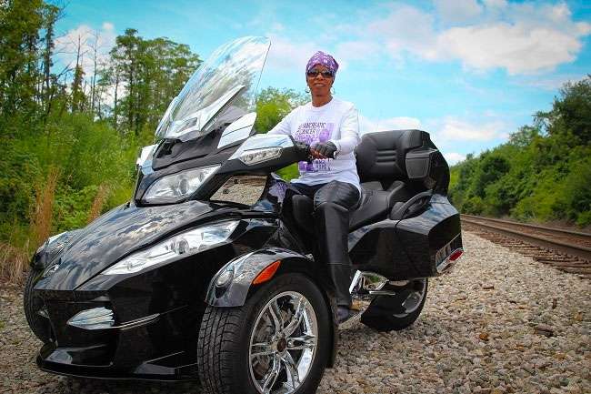 Sandra Mack astride her CanAM Spyder - her retirement gift to herself.