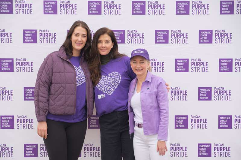 Emily Trebek, Jean Trebek, and PanCAN President and CEO Julie Fleshman posing at PanCAN PurpleStride 2023.