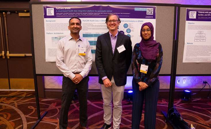 Two men and a woman stand in front of a poster at an annual scientific conference. (L-R) Sudheer Doss, PhD; Jack DiGiovanna, PhD; and Kawther Abdilleh, PhD.