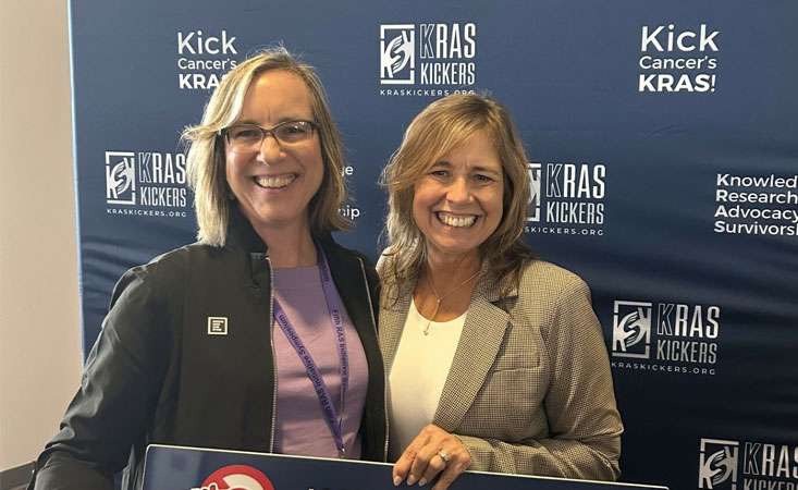 PanCAN Chief Scientific and Medical Officer Anna Berkenblit, MD, MMSc (left) with fellow advocacy organization representative Terri Conneran, founder of the KRAS Kickers and a survivor of lung cancer with a KRAS mutation.